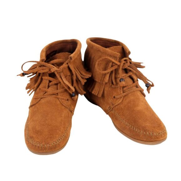 Minnetonka TAN BROWN GENUINE LEATHER SUEDE FLAT LACE ROUND TOE ANKLE BOOTS Sz 7 - Picture 2 of 9